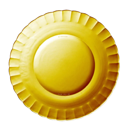 Duralex Le Picardie. Amber yellow glass plate. L'assiette iconique en verre jaune ambré.