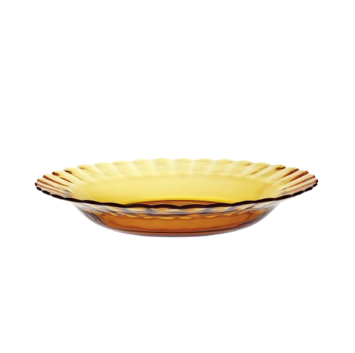 Duralex Le Picardie. Amber yellow glass bowl with beveled curve edges. Bol en verre jaune vermeil avec des bords courbés biseautés.