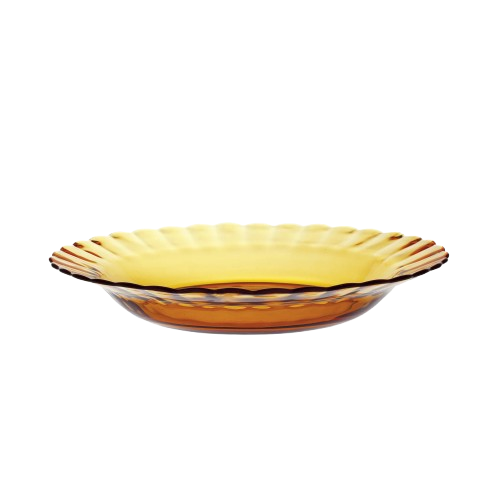 Duralex Le Picardie. Amber yellow glass bowl with beveled curve edges. Bol en verre jaune vermeil avec des bords courbés biseautés.