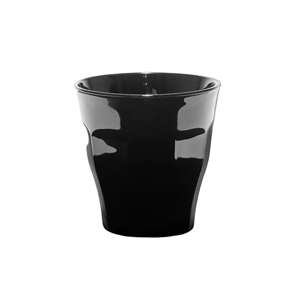 Duralex Le Picardie. A black short glass tumbler with beveled edges. Un tumbler court en verre noir avec des bords biseautés