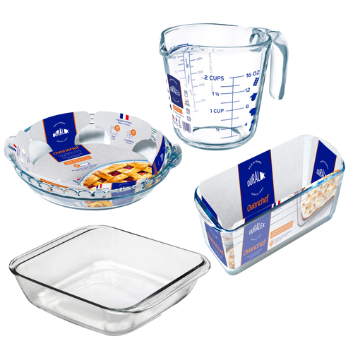 Duralex Ovenchef. Clear Glass Bakeware Set with Square Casserole Dish, Rectangular Casserole Dish, Round Pie Dish, and .05L Measuring Cup. L'ensemble de vaisselle de cuisson en verre transparent avec un plat à gratin carré, un plat à gratin rectangulaire, un plat à tarte rond et une tasse à mesurer de 0,05 L.