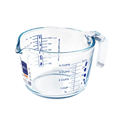 Duralex Ovenchef. Glass 1L Measuring Cup with Blue Measurements. La tasse à mesurer en verre avec des graduations bleues -1L.