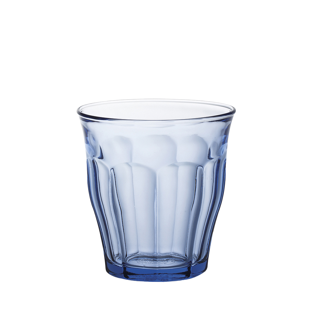 Duralex Le Picardie. Medium sized blue marine glass tumblers with beveled edges. Les verres moyens bleu marine avec des bords biseautés.