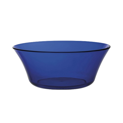 Duralex Lys. A stylish saphhire blue salad bowl with a flat base and edges that curve slightly outwards. Un bol à salade chic bleu saphir avec une base plate et des bords qui s'incurvent légèrement vers l'extérieur.