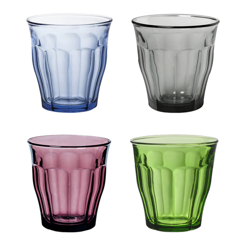 Duralex Le Picardie. Four medium glass tumblers in blue marine, grey, plum purple, and green. Quatre verres de taille moyenne en verre bleu marine, gris, violet prune et vert.