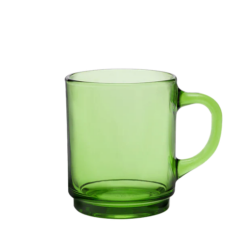 Duralex Versailles. Green glass mug with handle. La tasse en verre vert avec anse.