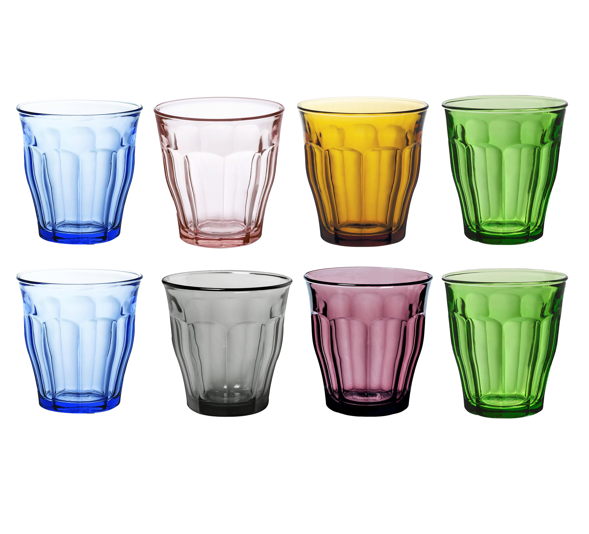 Picardie Mixed Color Glass Tumblers (250ml, Set of 8) – Marine, Green, Pink, Amber, Grey & Plum