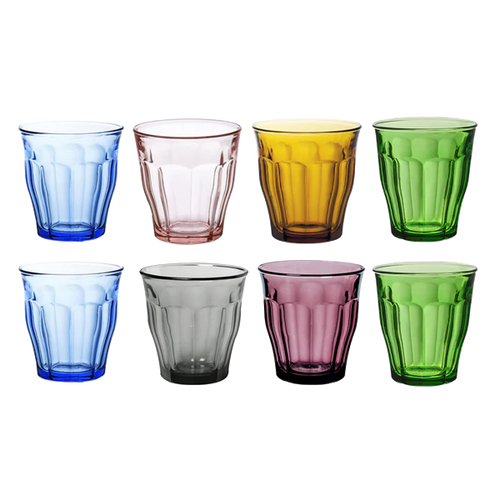 Picardie Mixed Color Glass Tumblers (250ml, Set of 8) – Marine, Green, Pink, Amber, Grey & Plum