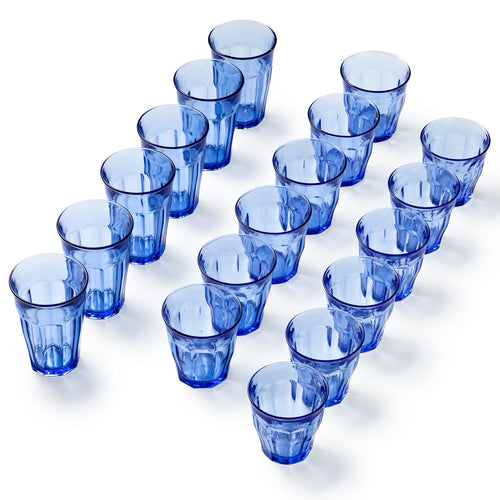 Duralex Le Picardie. 18 Piece Set - Blue Marine Glass Tumblers in Large, Medium and Small. Ensemble de 18 pièces - Verres en verre bleu marine de grande taille, taille moyenne et petite taille.