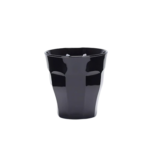 Duralex Picardie. A stylish 90ml round Black coffee cup with no handles and gentle curves on the sides. Une tasse à café noire de 90 ml, ronde, sans poignées et avec des courbes douces sur les côtés.